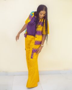 Three-piece African trousers and jacket set with pockets.