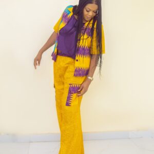 Three-piece African trousers and jacket set with pockets.